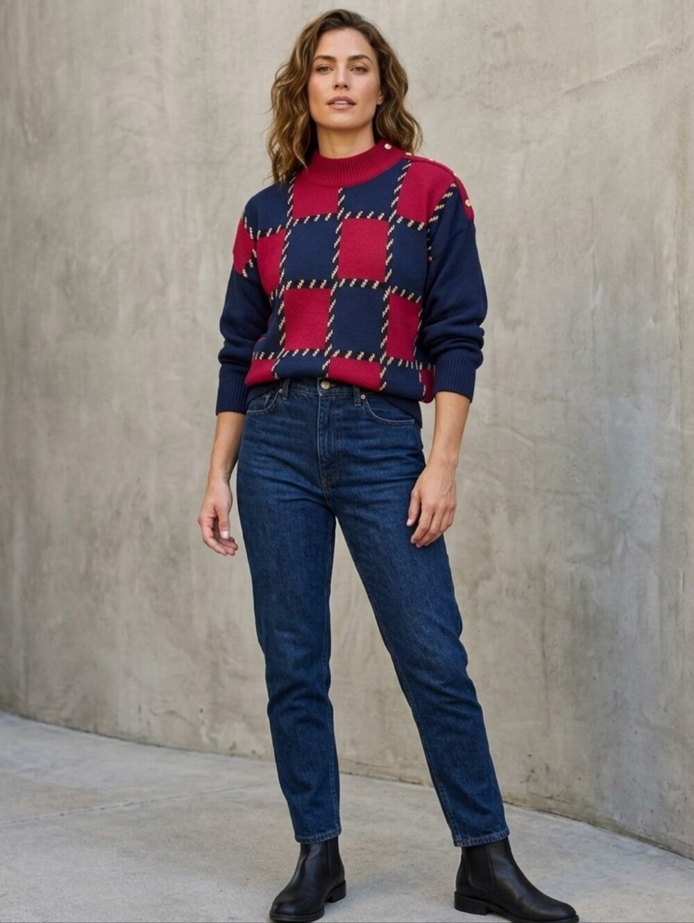 Vintage 80s Anne Klein Sadimara Block Argyle Knit Sweater Cotton Blend L